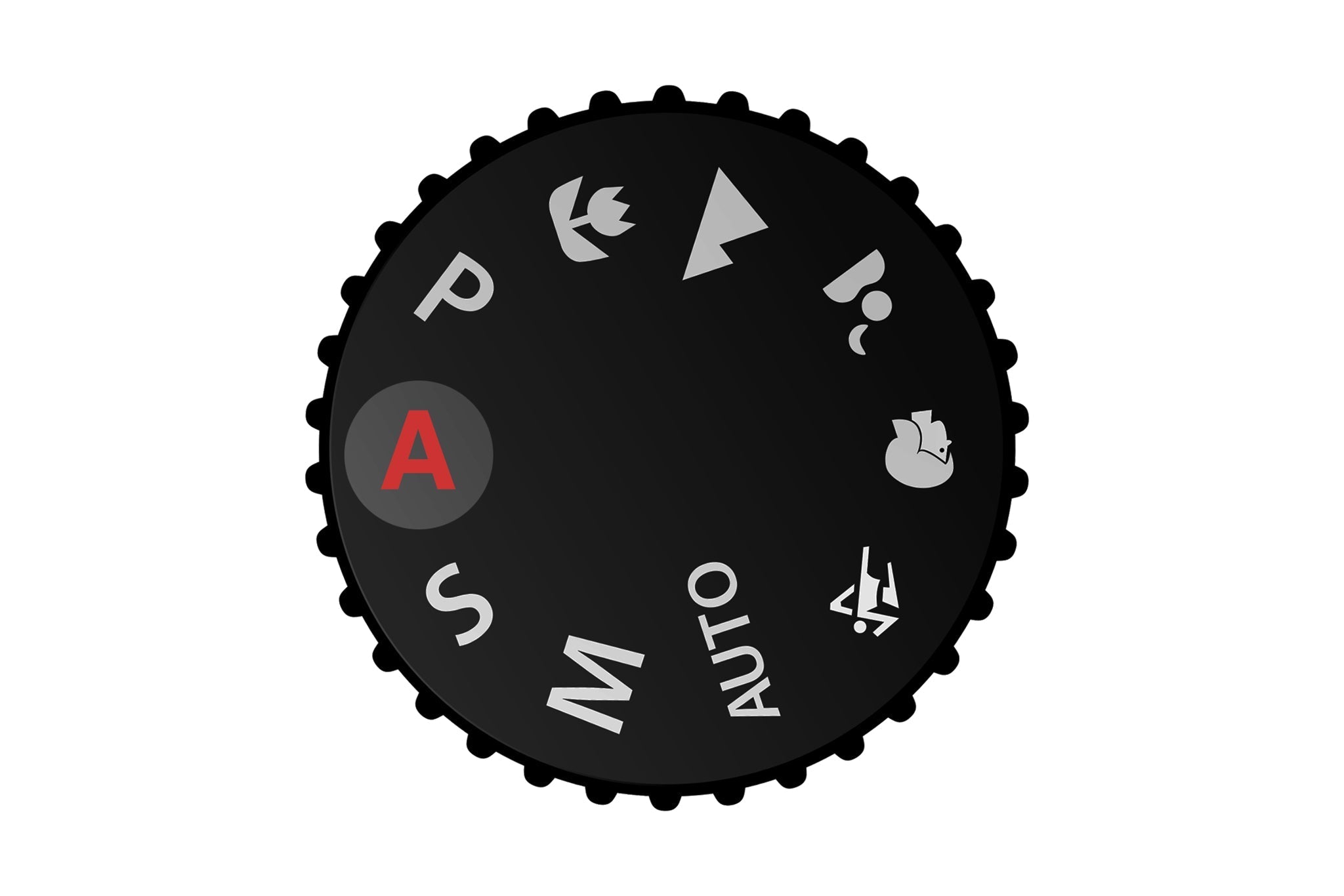 Photo of a camera dial displaying the aperture priority mode highlighted in red
