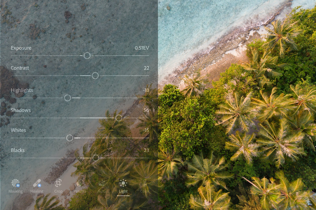 An aerial photo of a beach divided into two parts. On the left side, a partially transparent editing interface is displayed, giving an idea of what it would look like to edit the photo on Lightroom Mobile/phone.